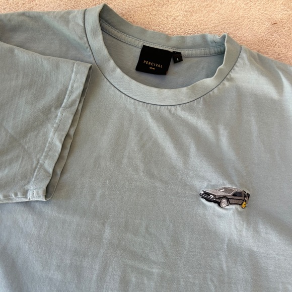 Percival Mens Embroidered DeLorean T-Shirt Blue Cotton Crew Neck Large